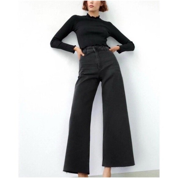 Zara Jeans Womens Marine Straight High Rise Wide Leg Black Stone Denim Size 2 - Picture 4 of 8